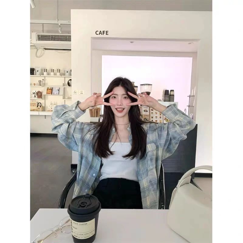 浅蓝灰衬衣春秋格子衬衫长袖港味宽松外穿女款衬衫女款外穿