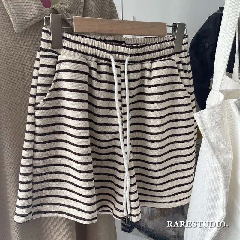 300斤大码夏季运动休闲条纹短裤男女宽松百搭松紧腰外穿阔腿热裤