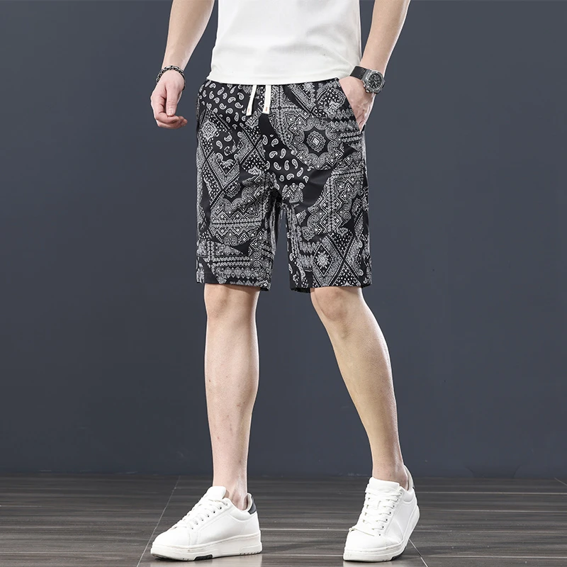 男士印花短裤男潮流时尚百搭花色沙滩中裤夏季薄款冰丝休闲五分裤