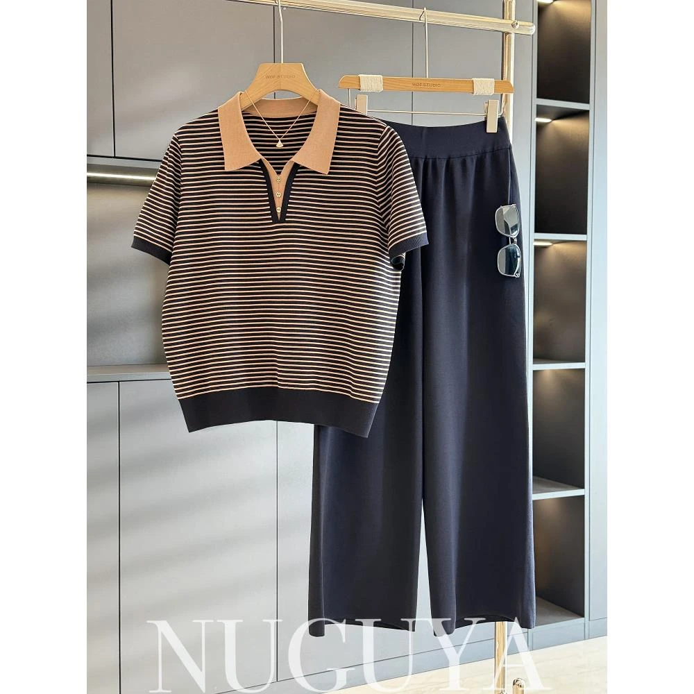 恒源祥彩羊时尚休闲条纹冰丝套装女妈妈装短袖夏装新款减龄气质中