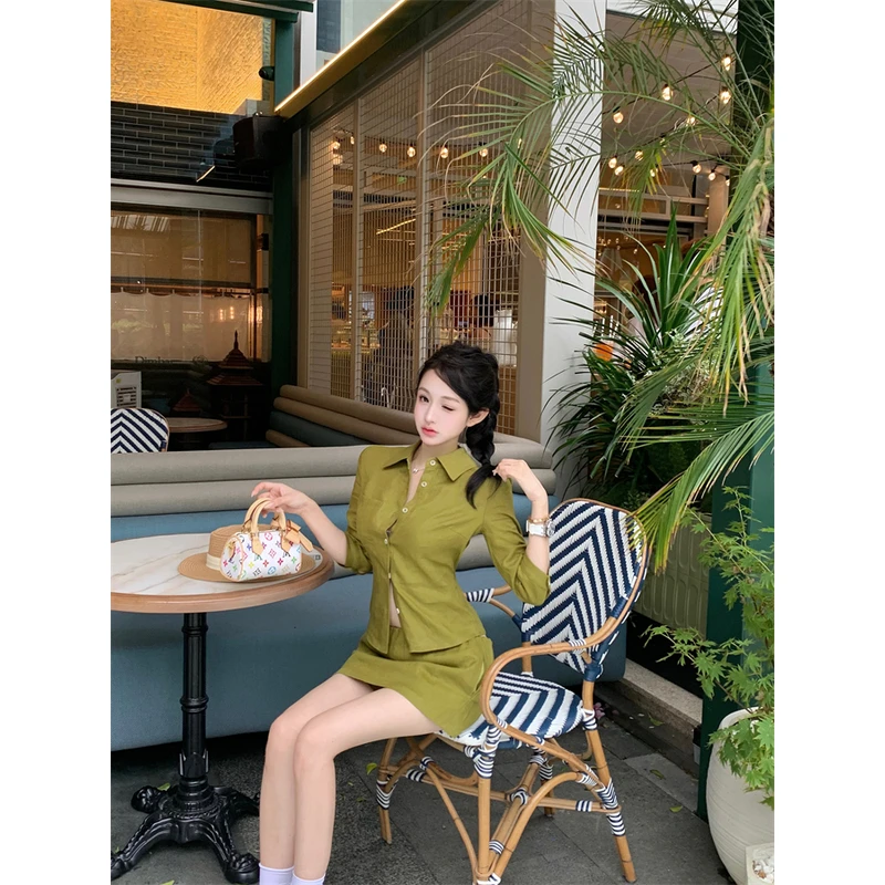 时尚休闲辣妹穿搭套装女夏季亚麻七分袖收腰显瘦衬衫低腰包臀短裙