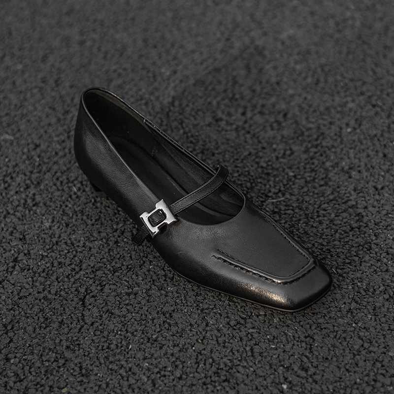 头层牛皮~手工鞋~法式复古软皮方头粗跟单鞋女鞋春秋黑色玛丽珍鞋