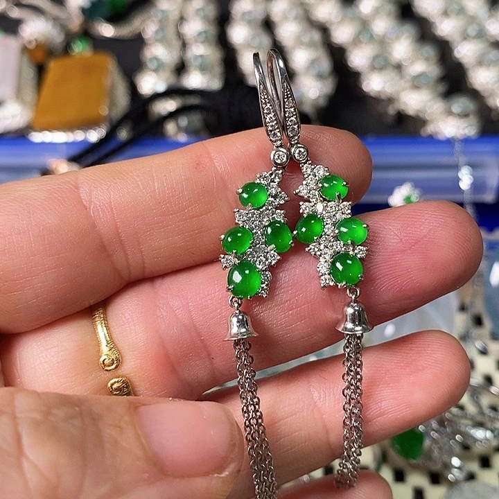 定制翡翠18K金镶嵌耳钉