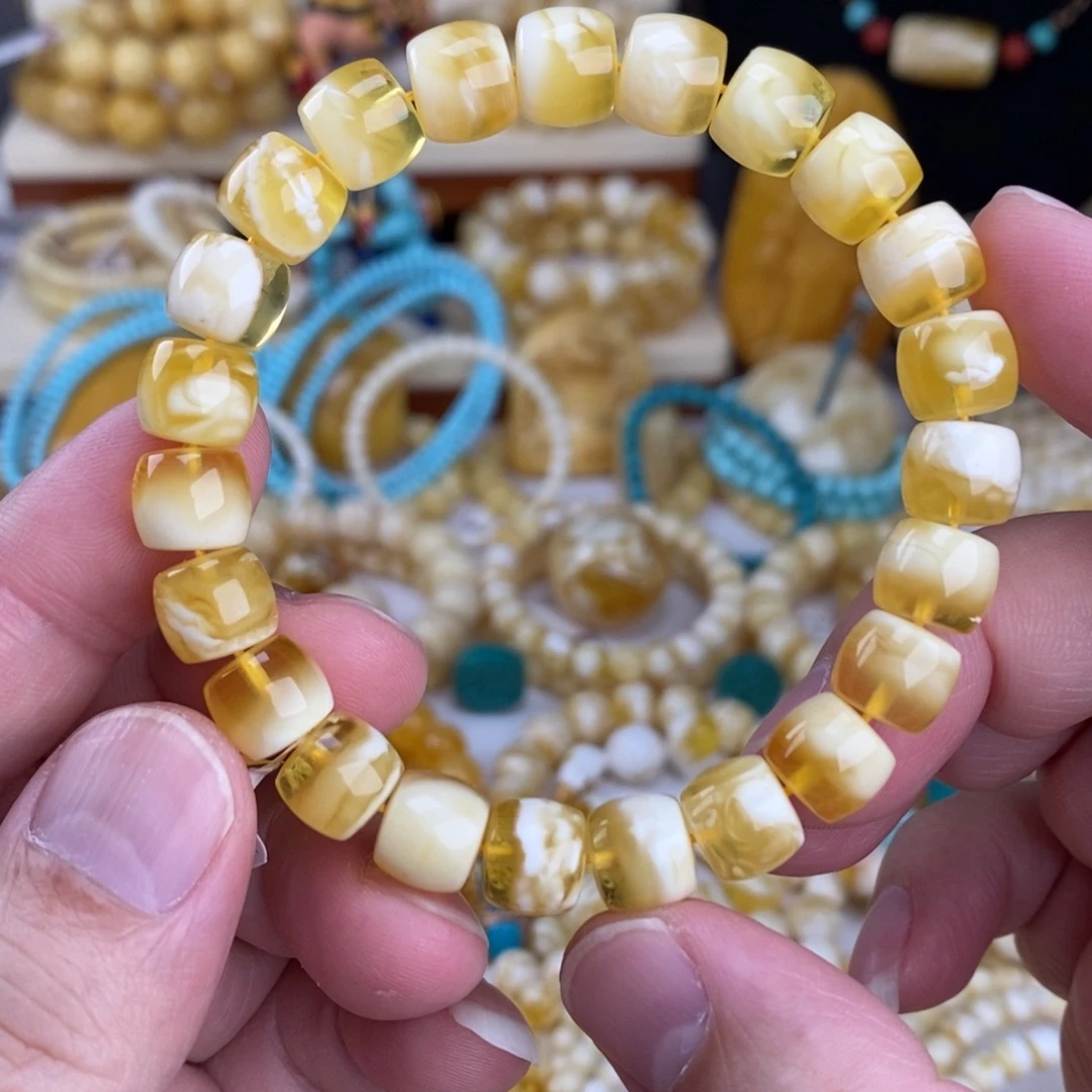 蜜蜡未镶嵌手链金瓷白聚宝盆10mm直切