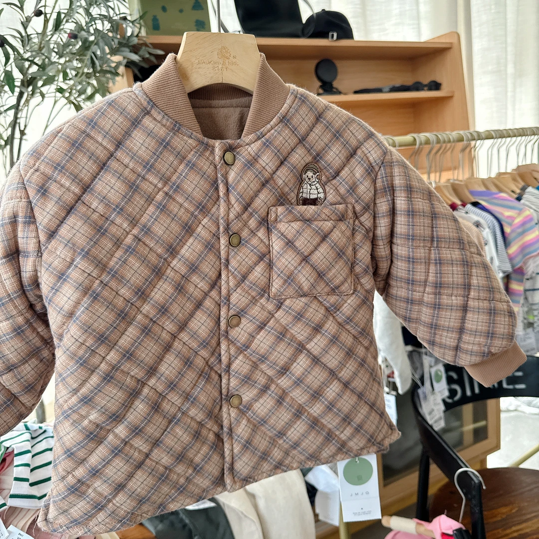 【秋冬新款 25396】冬季中小童韩版绗棉厚保暖防寒棉服色织格外套