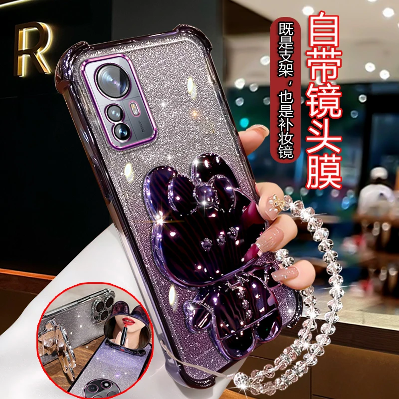 适用小米12手机壳闪粉网红可爱Xiaomi12s防摔全包xm12x补妆镜支架