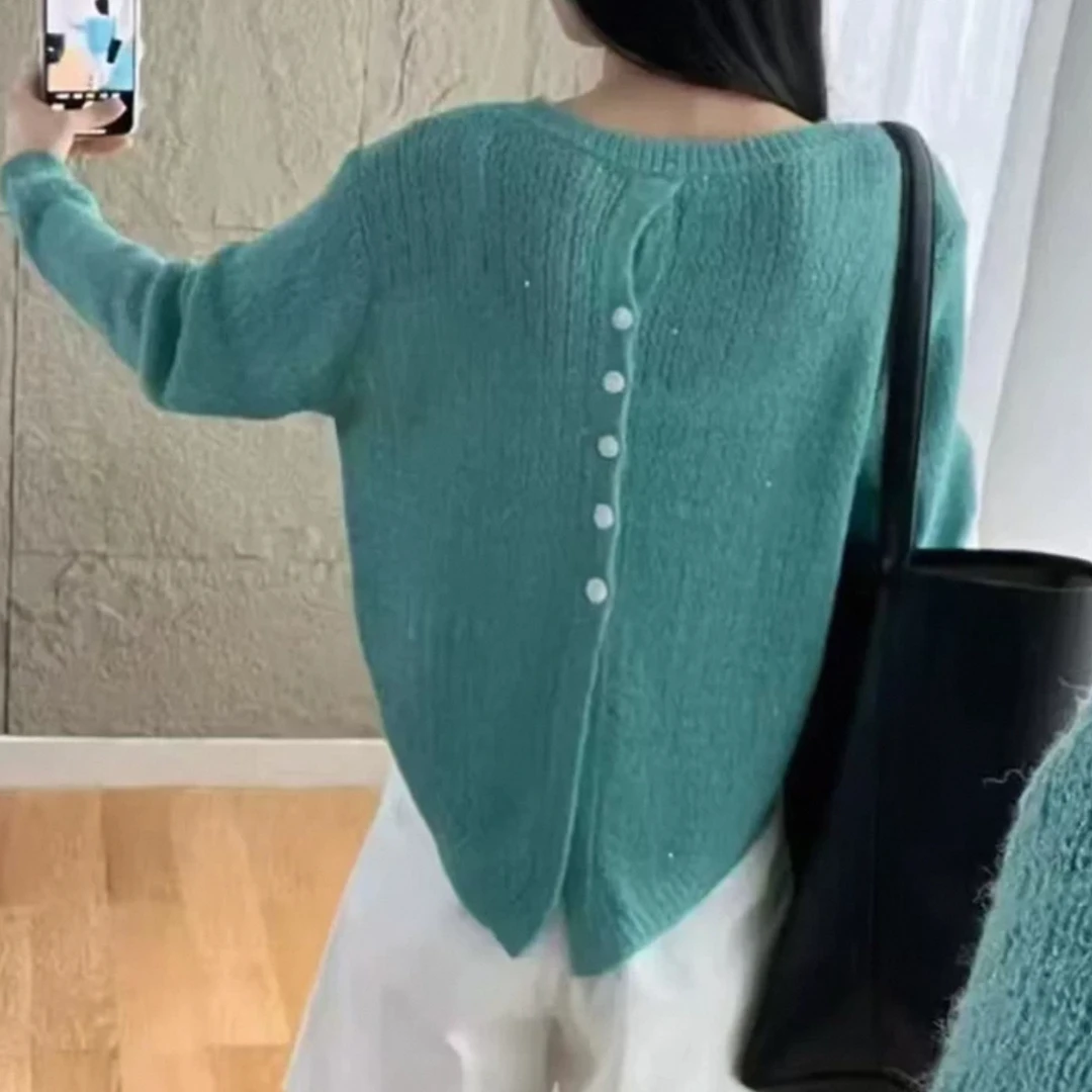 镂空长袖法式气质百搭后背纽扣针织衫纯色上衣