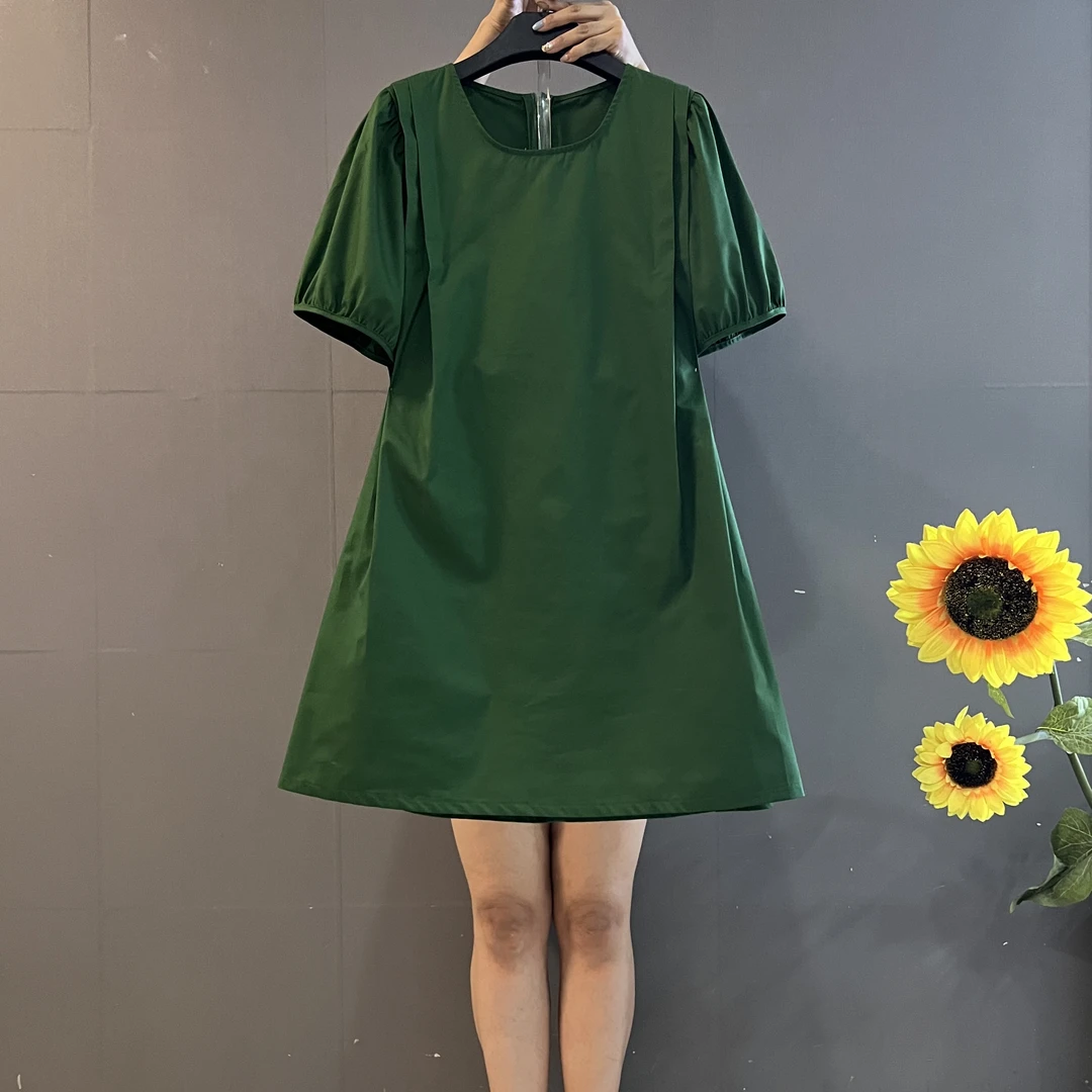 法式圆领泡泡袖宽松遮肚显瘦纯色连衣裙