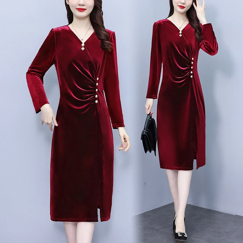 2025春季妈妈婚宴装礼服修身显瘦长袖中老年金丝绒连衣裙