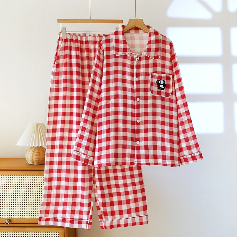 女士红格子家居服睡衣套装