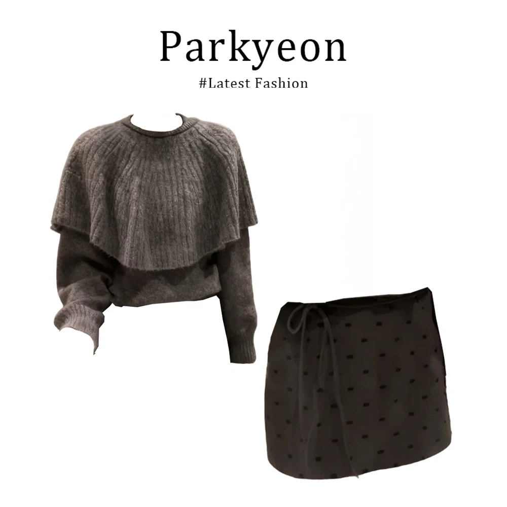 parkyeon韩系INS风复古斗篷披肩套头毛衣波点半身裙时尚两件套女