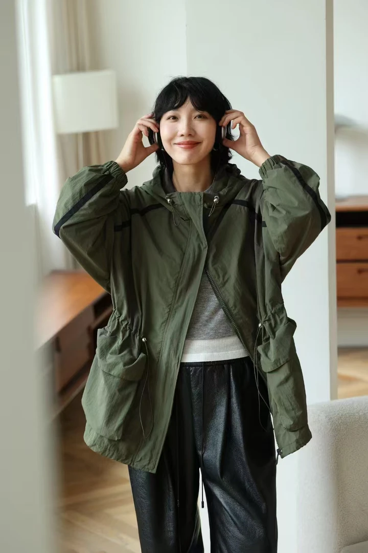 春秋新款宽松休闲连帽收腰风衣(祐祐女装)