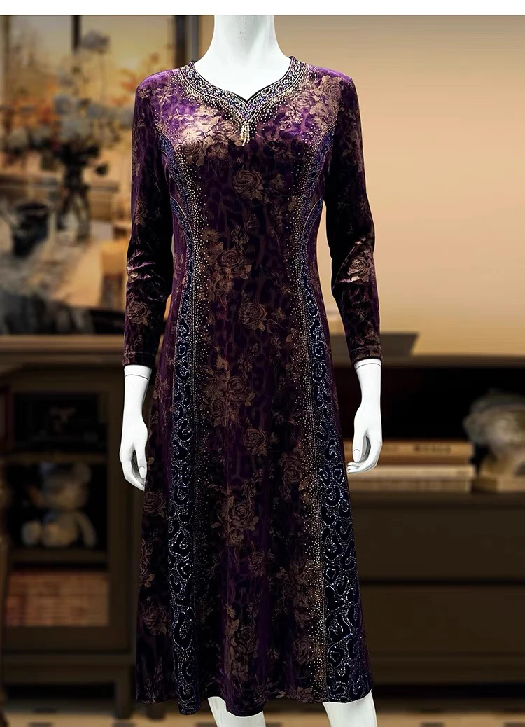 L25618时尚中年妈妈装连衣裙中长款显瘦洋气高贵大码金丝绒印花裙