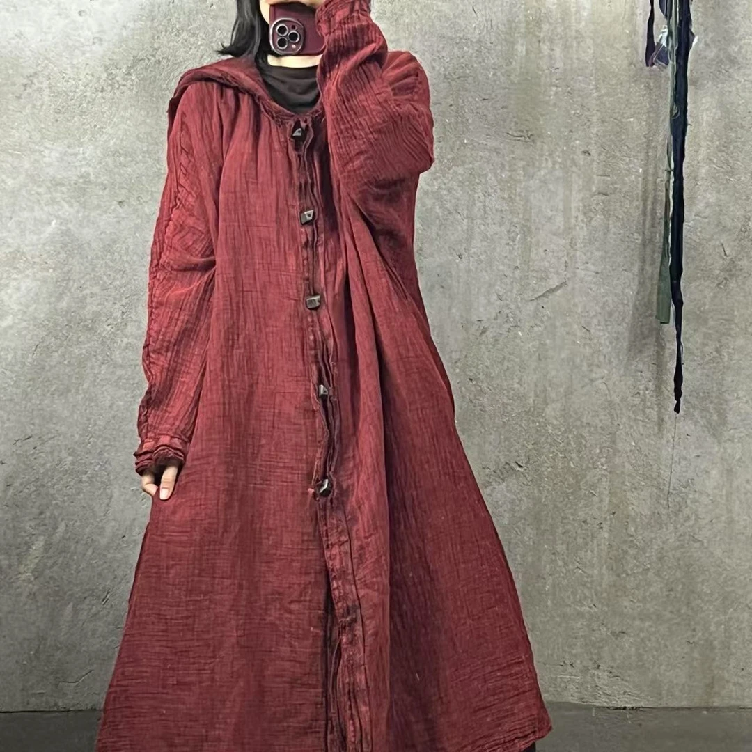 QXX M501  春夏季宽松连帽休闲棉麻衬衣连衣裙（裙长115 胸围150）