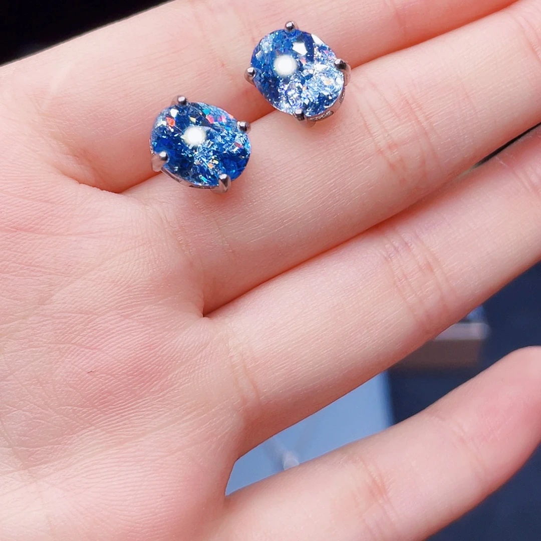海蓝宝石耳钉银S925镶嵌