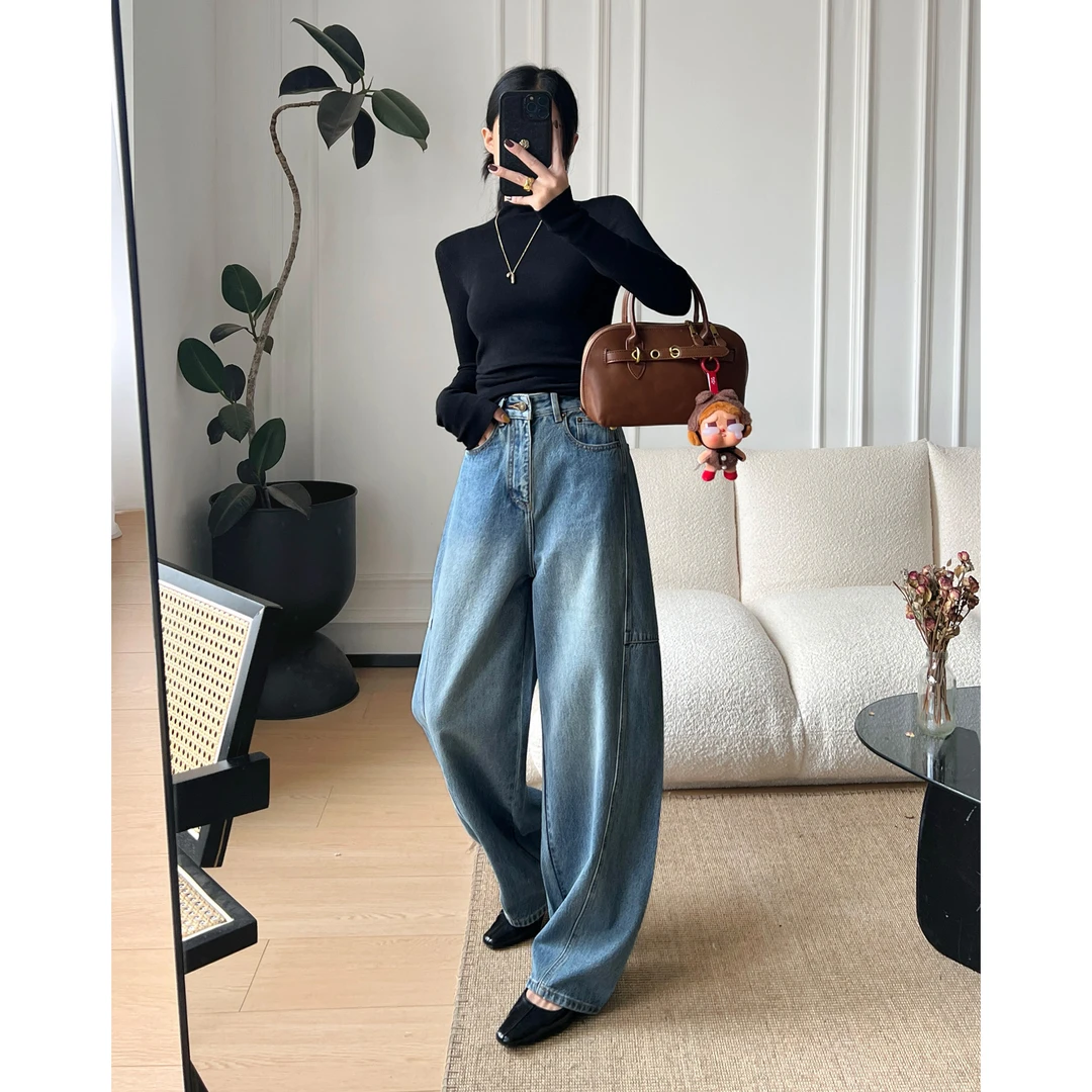 弯刀阔腿牛仔裤女秋季新款高腰宽松显瘦休闲直筒垂感拖地裤子Q013