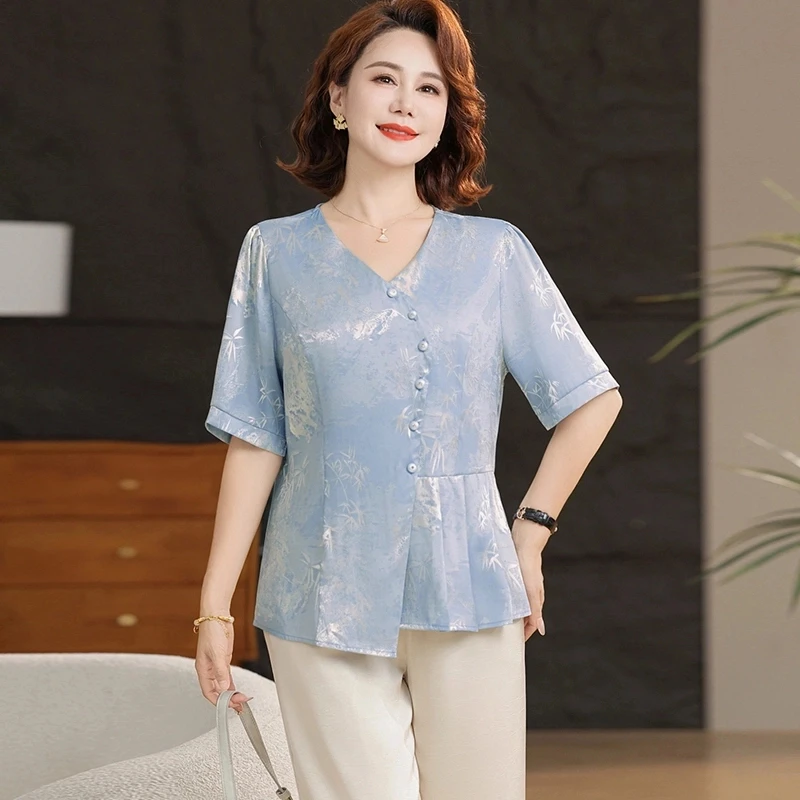 2025新款妈妈夏装雪纺套装洋气中老年女夏季短袖上衣两件套阔太太