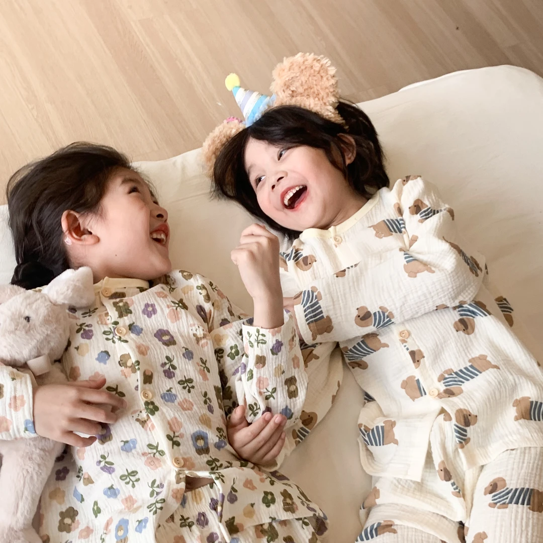 儿童睡衣纯棉薄款宝宝双层纱布家居服套装春秋男女婴儿纱布套装