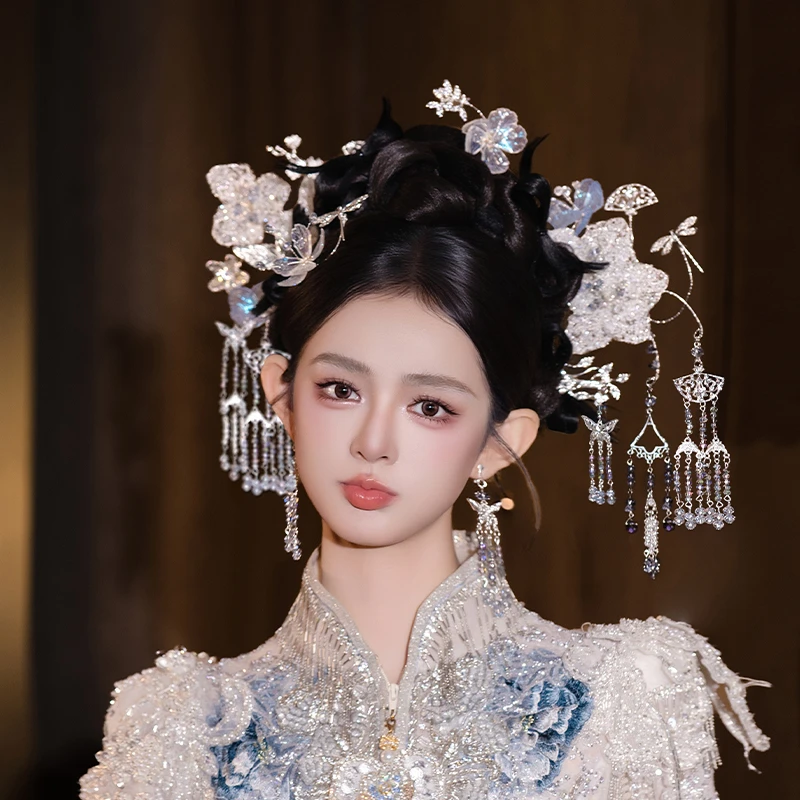 合金婚庆饰品 新款新娘超仙唯美浅色蝴蝶流苏古风秀禾服发饰D0581