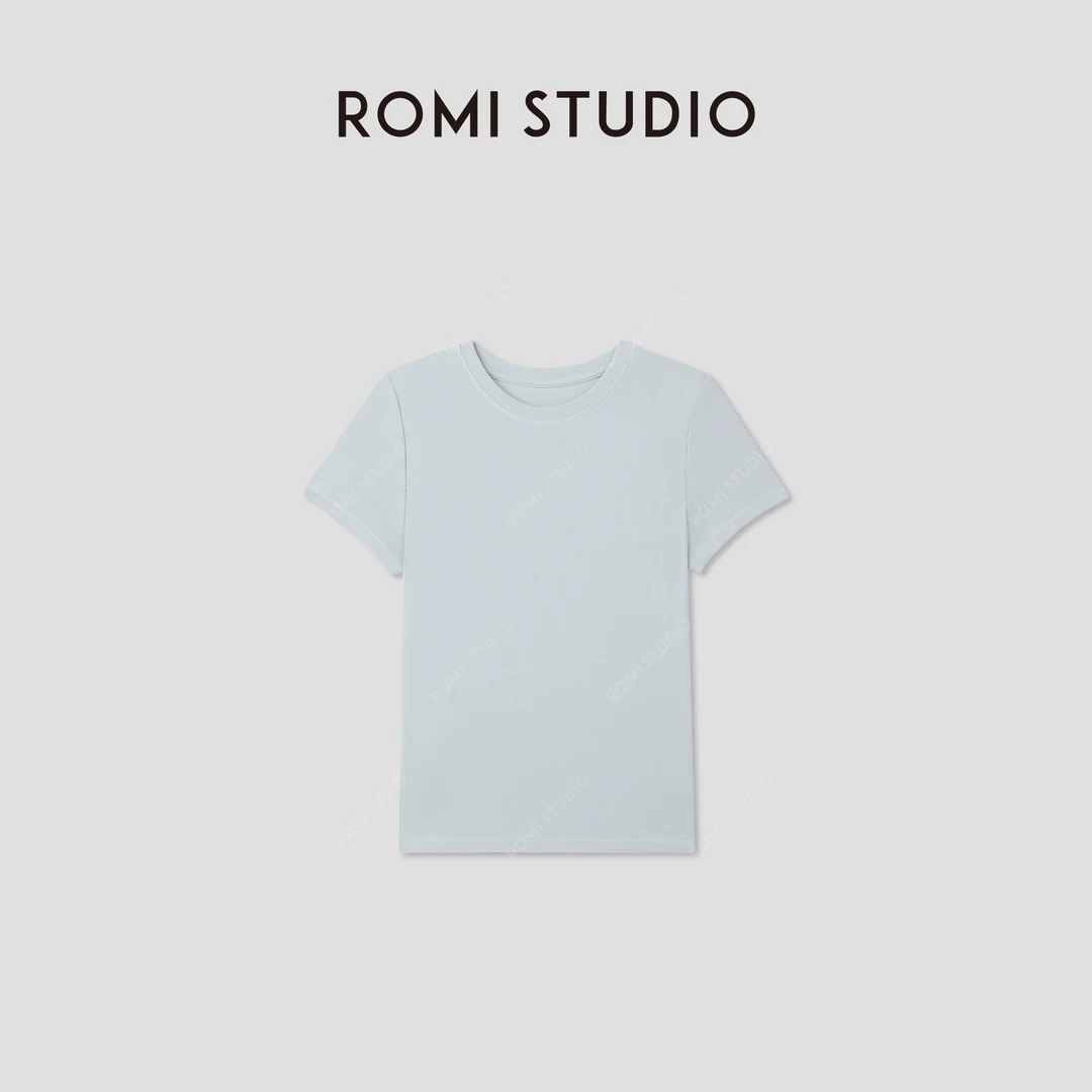 ROMI STUDIO“简约清新”浅蓝弹力罗纹修身圆领短袖T恤 RWCRSJ1973