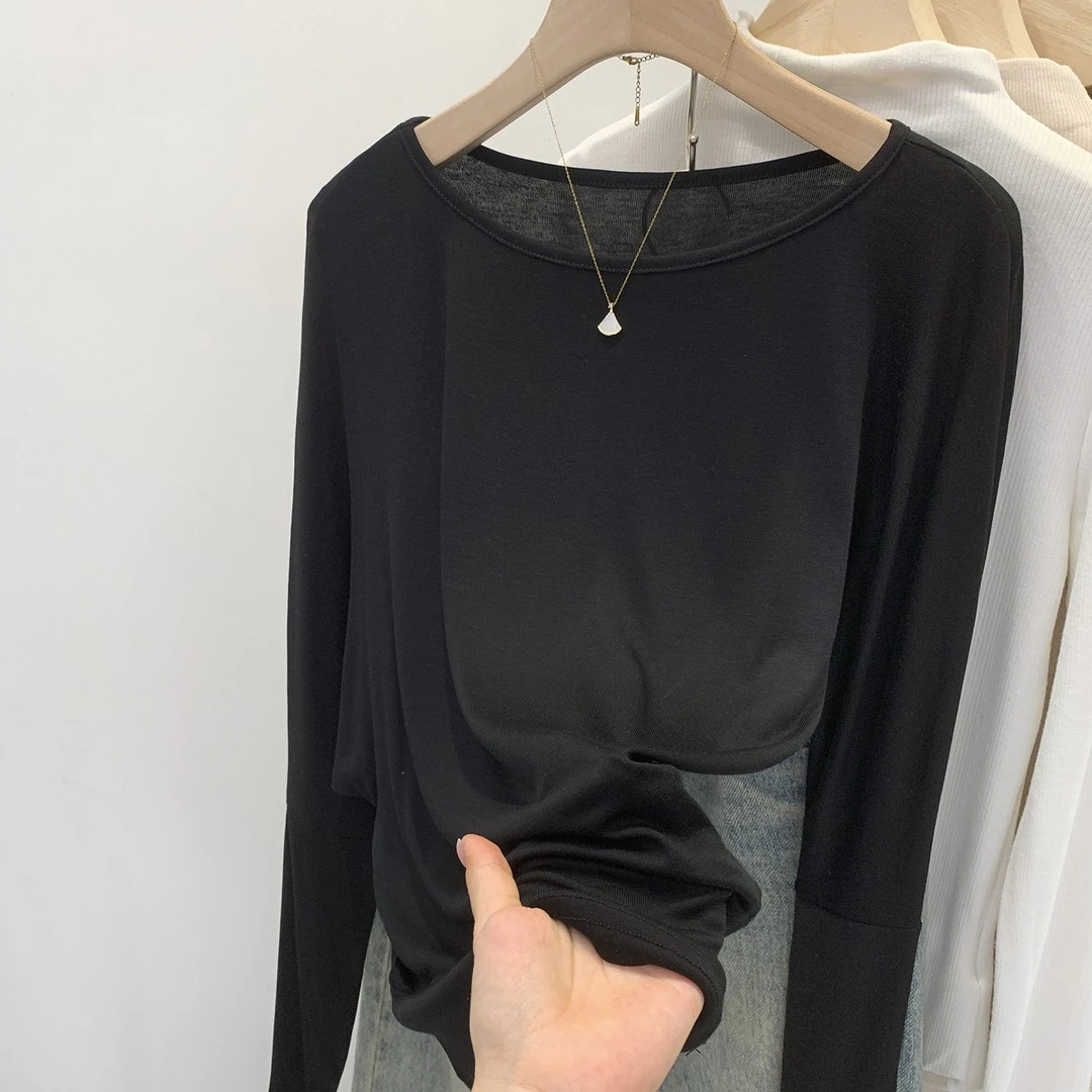2025夏季新款斜肩不对称莱赛尔长袖露肩显瘦T恤女生韩系ins衣服