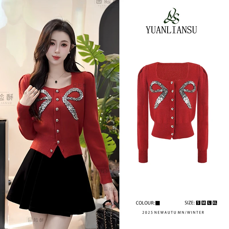 YUANLIANSU/圆脸酥【酒心可可】小香风洋气减龄红色蝴蝶结亮片毛衣
