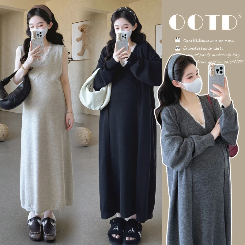 【可乐】2025孕妇冬高级慵懒百搭外套长款蕾丝拼接V领背心裙两件套