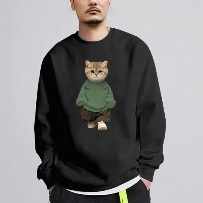 仓石一树潮牌猫咪印花圆领卫衣男士春秋冬季宽松纯棉加绒体恤上衣