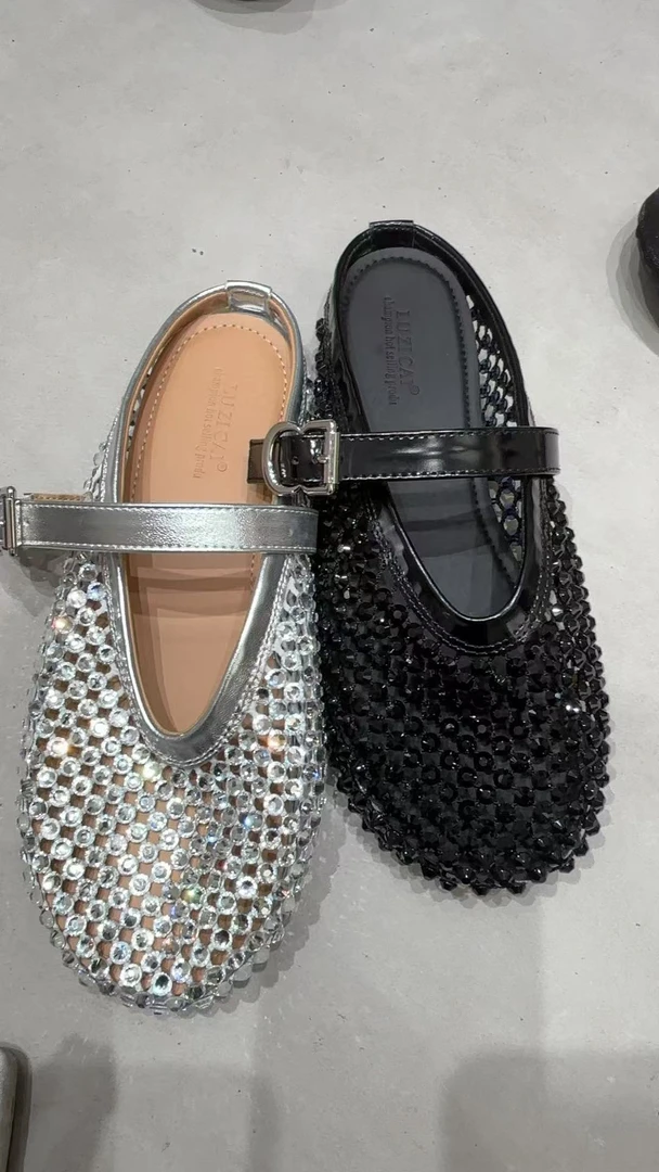 舒适休闲鞋坡跟平跟包头拖水钻日常高跟包头修面皮宝宝低跟