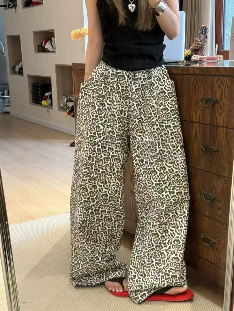 【福利款no退no换】2025早秋新款宽松百搭豹纹直筒阔腿裤女