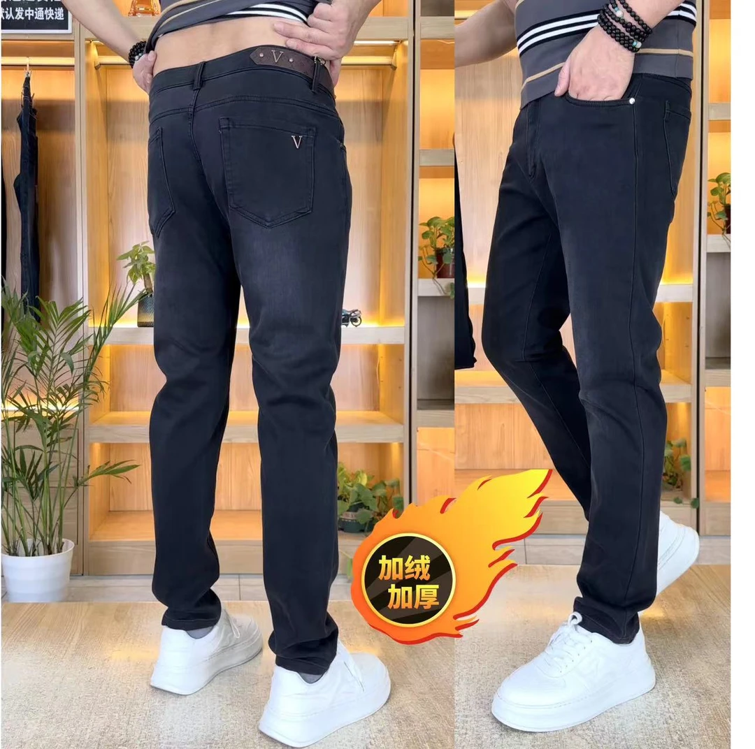 909欧货高端黑色拉绒牛仔裤男2024秋冬直筒长裤