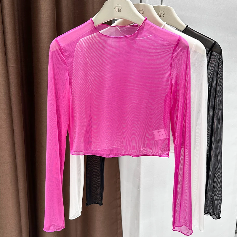 玫红色正肩长袖短款打底衫2025新款超薄透明吊带裙内搭冰丝防晒衫