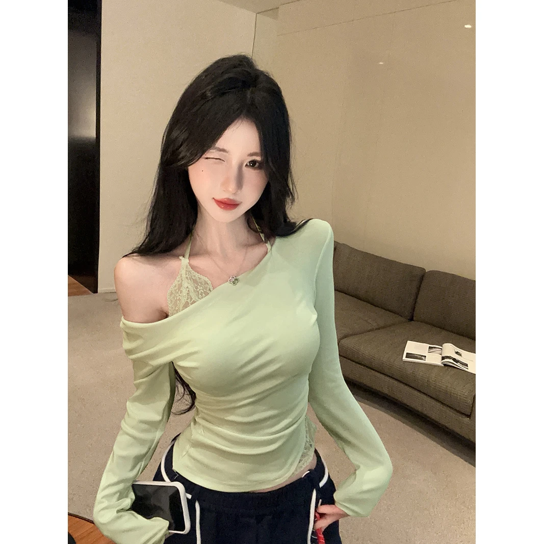 拼接蕾丝假两件斜肩长袖T恤女秋季纯欲风修身收腰设计感打底上衣