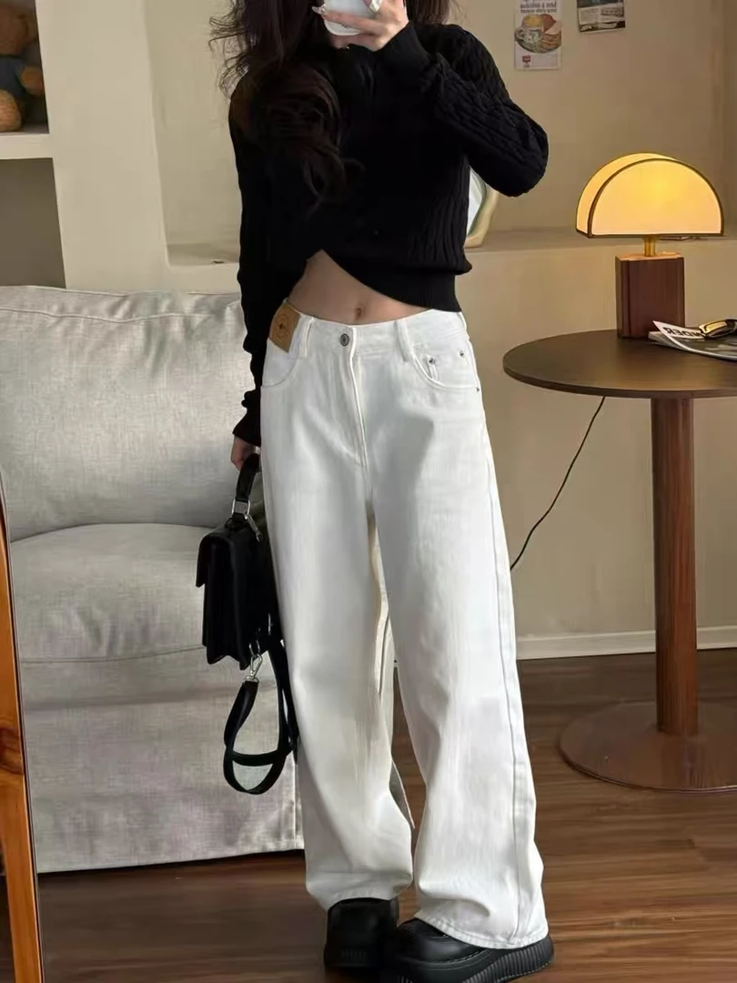 566 白色牛仔阔腿裤