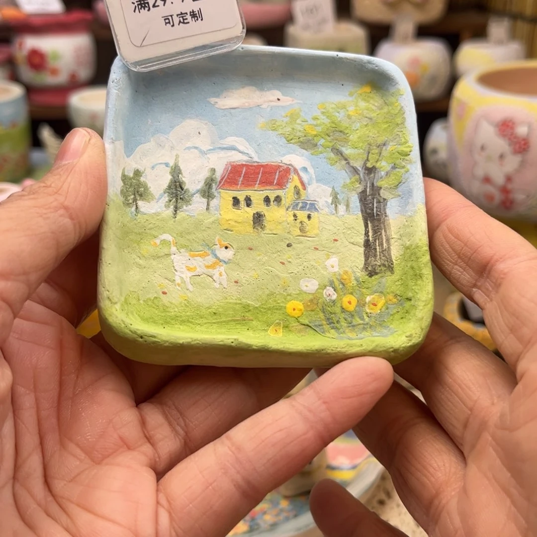 红陶107风景手绘盘子花盆