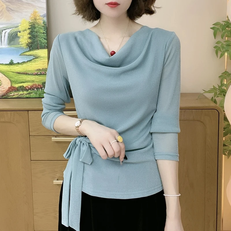 2025早秋堆堆领显瘦打底衫女纯色系带修身长袖女装上衣气质小衫