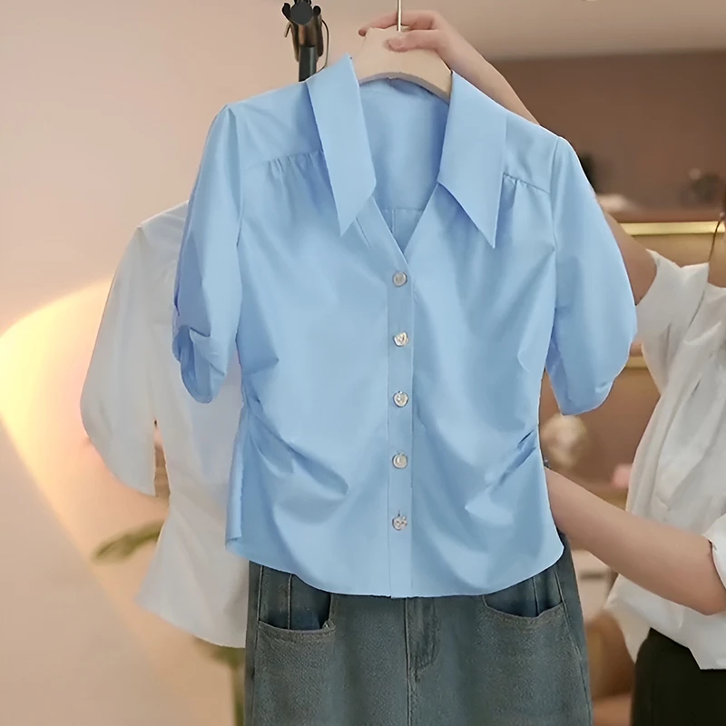 白色polo半开领短袖衬衫女2025新款夏季高级感洋气百搭显瘦薄上衣