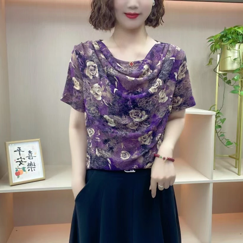 爆款2025夏装女人味气质显瘦时尚堆堆领玫瑰花百搭中老年妈妈装