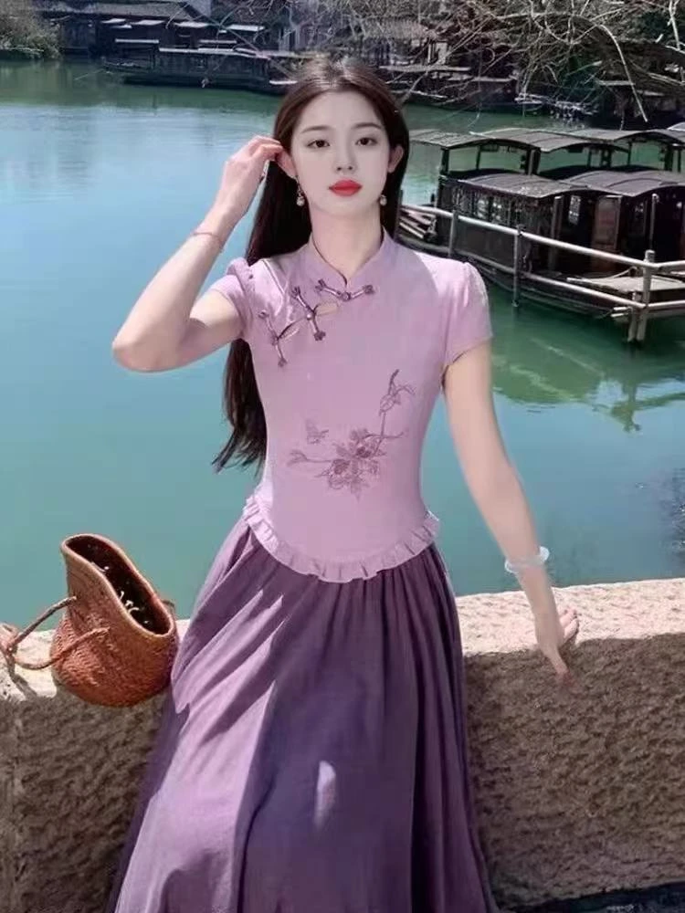 538#2025夏季新款新中式紫色套装裙女国风重工刺绣盘扣短袖半身裙