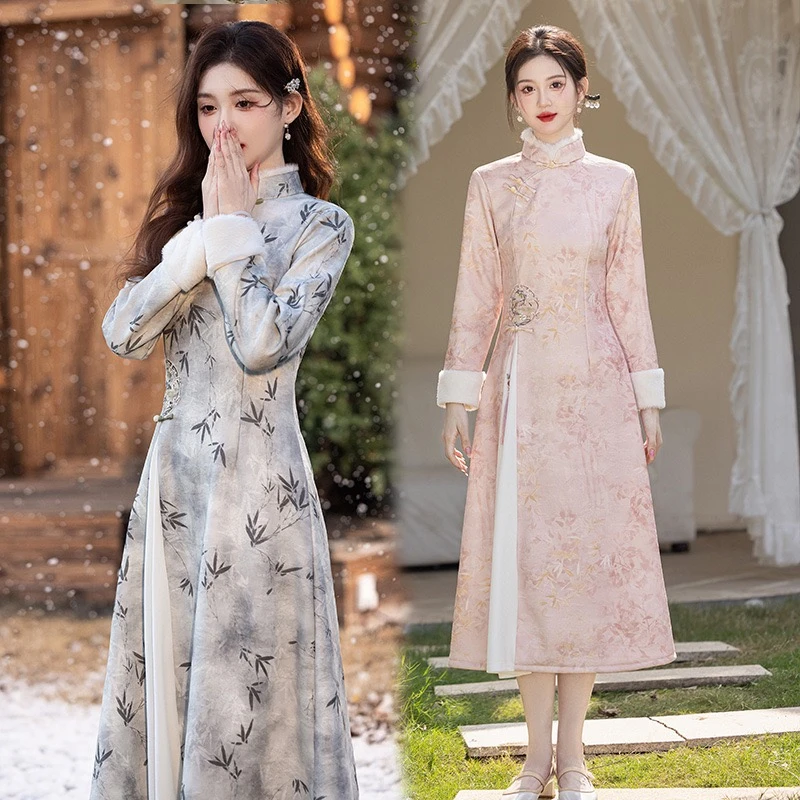 【风清余】秋冬新款提花气质日常优雅时尚加厚加绒新中式冬季旗袍