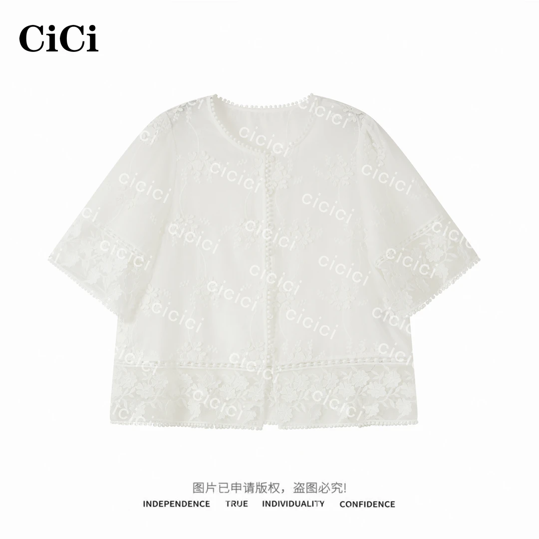【CiCi酱】2025春夏季宽松显瘦镂空设计圆领小衫上衣C2504140