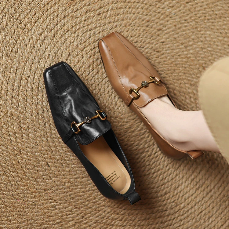 里外纯皮～牛皮2cm方头低跟复古乐福鞋浅口单鞋春秋粗跟皮鞋英伦风