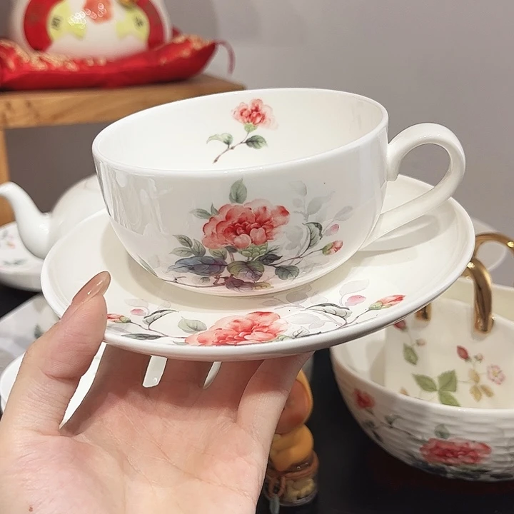瓷片山茶花咖啡杯碟1套