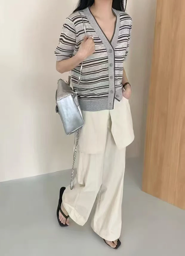 2025春夏新款V领短袖针织衫开衫女款上衣装条纹女款短袖T恤1563