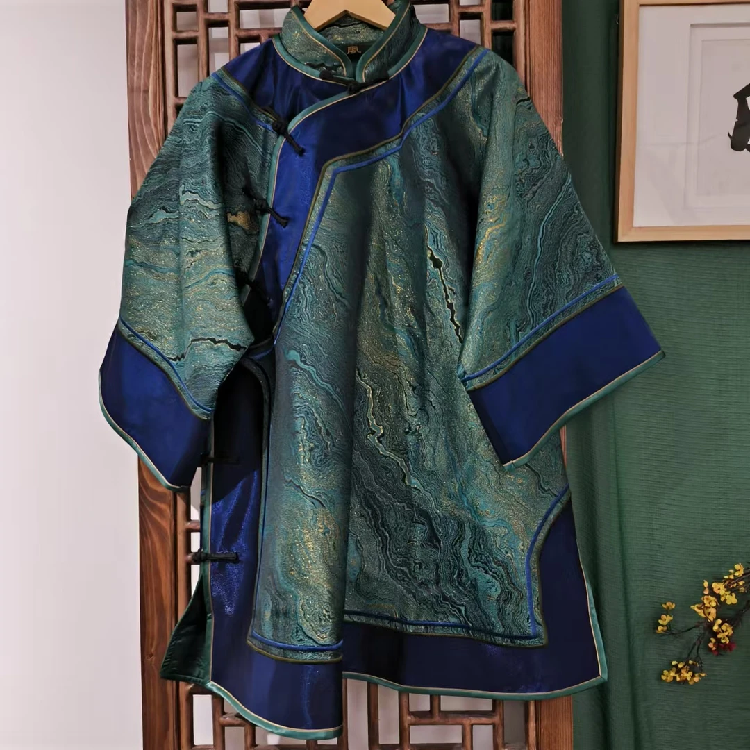 （HY101075-3）凤徕兮私人定制炫彩绿底蓝色包边斜襟盘扣太太服  蓝