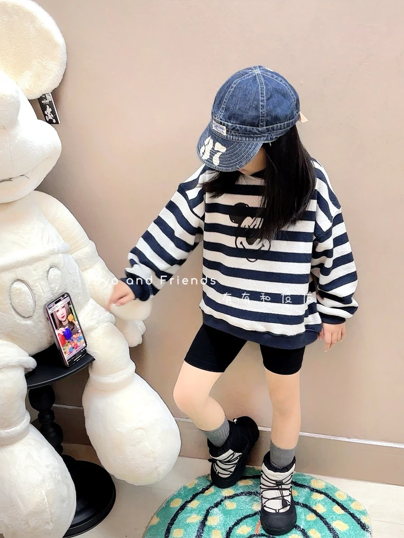 有有家·高品质儿童秋冬韩版加绒圆领慵懒长袖条纹百搭加绒卫衣327