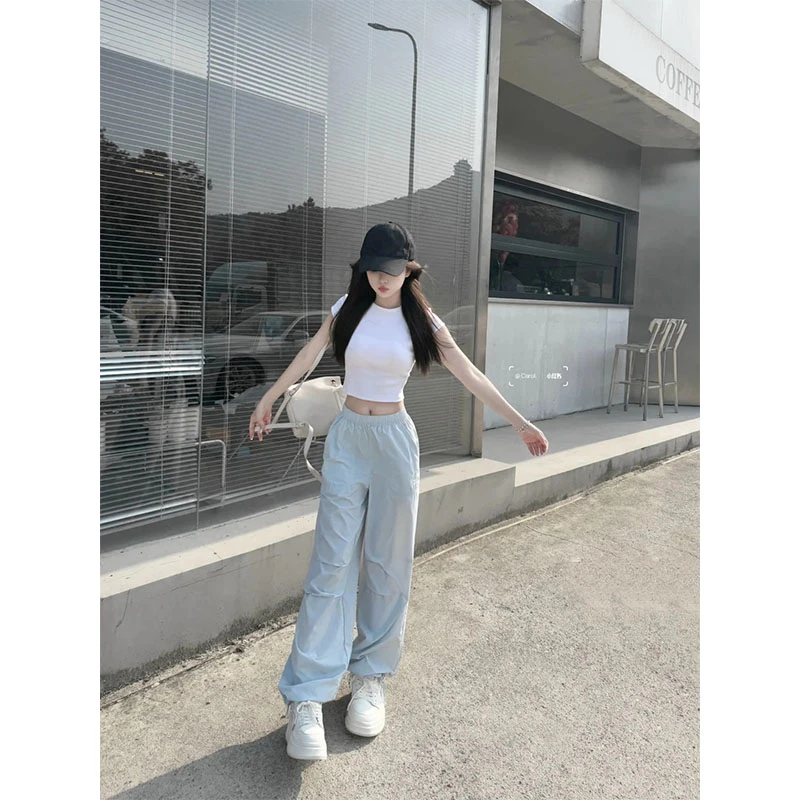 简约时髦气质休闲百搭高级感短款短袖T恤上衣高腰直筒宽松阔腿裤