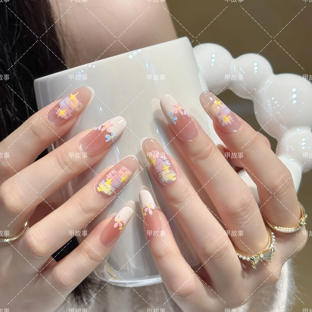 猫眼莫奈油画花园美甲高级感可拆卸穿戴甲 384