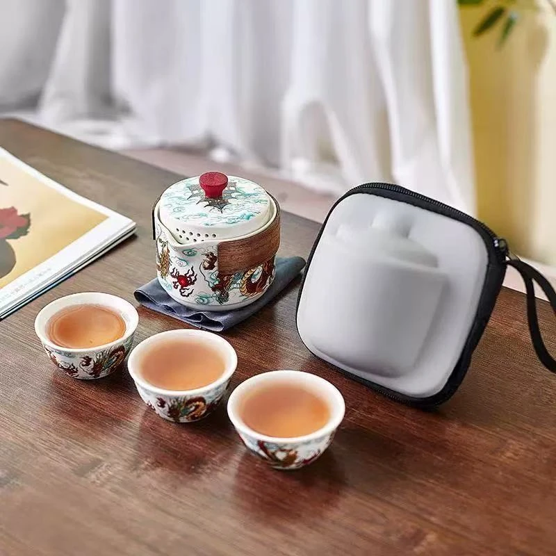 LX380龙凤呈祥手抓壶三杯便携旅行茶具