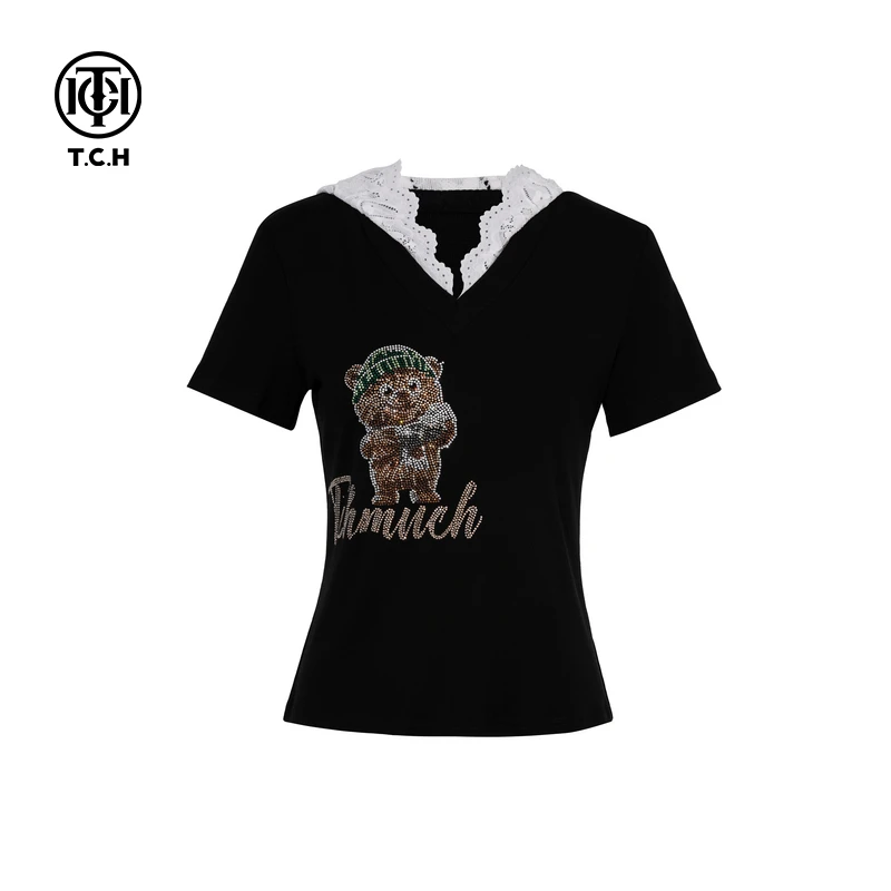 TCH私服烫钻工艺小熊时尚休闲百搭T恤女T75A10E5040轻奢tch